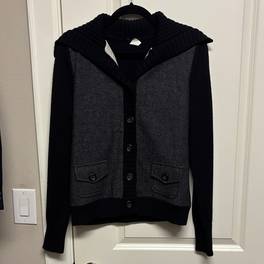 J. Crew Black Herringbone Cardigan Sweater